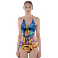 Eiffel Tower Starry Night Print Van Gogh Cut-out One Piece Swimsuit