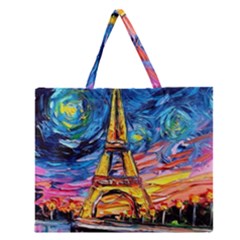 Eiffel Tower Starry Night Print Van Gogh Zipper Large Tote Bag