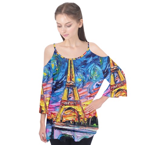 Eiffel Tower Starry Night Print Van Gogh Flutter Sleeve T-shirt  by Maspions