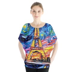 Eiffel Tower Starry Night Print Van Gogh Batwing Chiffon Blouse