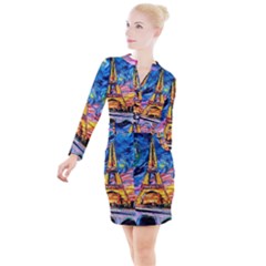 Eiffel Tower Starry Night Print Van Gogh Button Long Sleeve Dress