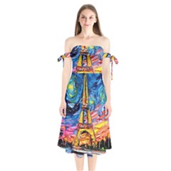 Eiffel Tower Starry Night Print Van Gogh Shoulder Tie Bardot Midi Dress