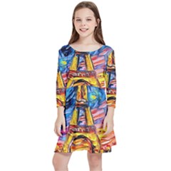 Eiffel Tower Starry Night Print Van Gogh Kids  Quarter Sleeve Skater Dress