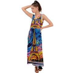 Eiffel Tower Starry Night Print Van Gogh V-neck Chiffon Maxi Dress