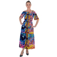 Eiffel Tower Starry Night Print Van Gogh Shoulder Straps Boho Maxi Dress 