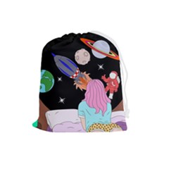 Girl Bed Space Planets Spaceship Rocket Astronaut Galaxy Universe Cosmos Woman Dream Imagination Bed Drawstring Pouch (large)