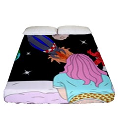 Girl Bed Space Planets Spaceship Rocket Astronaut Galaxy Universe Cosmos Woman Dream Imagination Bed Fitted Sheet (queen Size)