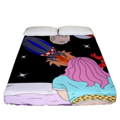 Girl Bed Space Planets Spaceship Rocket Astronaut Galaxy Universe Cosmos Woman Dream Imagination Bed Fitted Sheet (king Size) by Maspions