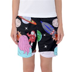 Girl Bed Space Planets Spaceship Rocket Astronaut Galaxy Universe Cosmos Woman Dream Imagination Bed Women s Basketball Shorts