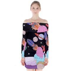 Girl Bed Space Planets Spaceship Rocket Astronaut Galaxy Universe Cosmos Woman Dream Imagination Bed Long Sleeve Off Shoulder Dress
