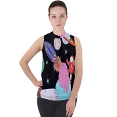 Girl Bed Space Planets Spaceship Rocket Astronaut Galaxy Universe Cosmos Woman Dream Imagination Bed Mock Neck Chiffon Sleeveless Top by Maspions