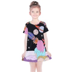 Girl Bed Space Planets Spaceship Rocket Astronaut Galaxy Universe Cosmos Woman Dream Imagination Bed Kids  Simple Cotton Dress