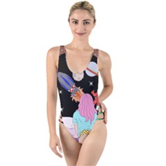 Girl Bed Space Planets Spaceship Rocket Astronaut Galaxy Universe Cosmos Woman Dream Imagination Bed High Leg Strappy Swimsuit by Maspions