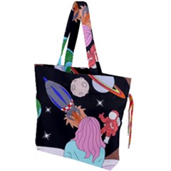 Girl Bed Space Planets Spaceship Rocket Astronaut Galaxy Universe Cosmos Woman Dream Imagination Bed Drawstring Tote Bag