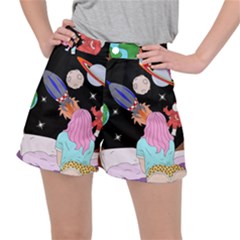 Girl Bed Space Planets Spaceship Rocket Astronaut Galaxy Universe Cosmos Woman Dream Imagination Bed Women s Ripstop Shorts