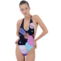 Girl Bed Space Planets Spaceship Rocket Astronaut Galaxy Universe Cosmos Woman Dream Imagination Bed Backless Halter One Piece Swimsuit