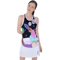 Girl Bed Space Planets Spaceship Rocket Astronaut Galaxy Universe Cosmos Woman Dream Imagination Bed Racer Back Mesh Tank Top