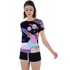 Girl Bed Space Planets Spaceship Rocket Astronaut Galaxy Universe Cosmos Woman Dream Imagination Bed Back Circle Cutout Sports T-shirt