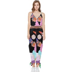 Girl Bed Space Planets Spaceship Rocket Astronaut Galaxy Universe Cosmos Woman Dream Imagination Bed Sleeveless Tie Ankle Chiffon Jumpsuit