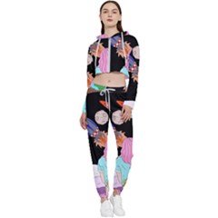 Girl Bed Space Planets Spaceship Rocket Astronaut Galaxy Universe Cosmos Woman Dream Imagination Bed Cropped Zip Up Lounge Set