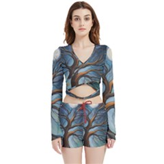 Tree Branches Mystical Moon Expressionist Oil Painting Acrylic Painting Abstract Nature Moonlight Ni Velvet Wrap Crop Top And Shorts Set