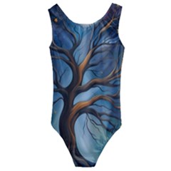 Tree Branches Mystical Moon Expressionist Oil Painting Acrylic Painting Abstract Nature Moonlight Ni Kids  Cut-out Back One Piece Swimsuit