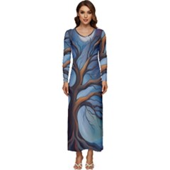 Tree Branches Mystical Moon Expressionist Oil Painting Acrylic Painting Abstract Nature Moonlight Ni Long Sleeve Longline Maxi Dress by Maspions