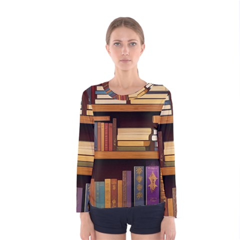 Book Nook Books Bookshelves Comfortable Cozy Literature Library Study Reading Room Fiction Entertain Women s Long Sleeve T-shirt by Maspions