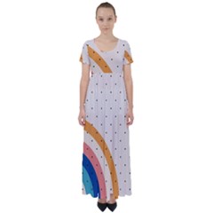 Abstract Geometric Bauhaus Polka Dots Retro Memphis Rainbow High Waist Short Sleeve Maxi Dress