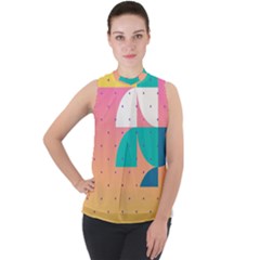 Abstract Geometric Bauhaus Polka Dots Retro Memphis Art Mock Neck Chiffon Sleeveless Top