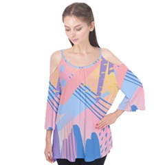 Abstract Lines Dots Pattern Purple Pink Blue Flutter Sleeve T-shirt 