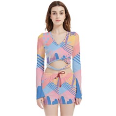 Abstract Lines Dots Pattern Purple Pink Blue Velvet Wrap Crop Top And Shorts Set by Maspions