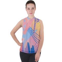 Abstract Lines Dots Pattern Purple Pink Blue Mock Neck Chiffon Sleeveless Top