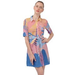 Abstract Lines Dots Pattern Purple Pink Blue Belted Shirt Dress by Maspions