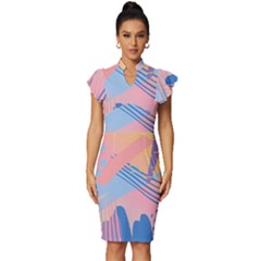 Abstract Lines Dots Pattern Purple Pink Blue Vintage Frill Sleeve V-neck Bodycon Dress by Maspions