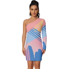 Abstract Lines Dots Pattern Purple Pink Blue Long Sleeve One Shoulder Mini Dress by Maspions