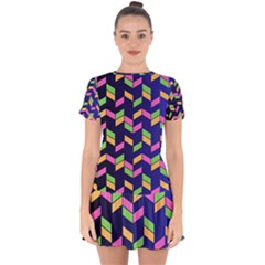 Background Pattern Geometric Pink Yellow Green Drop Hem Mini Chiffon Dress