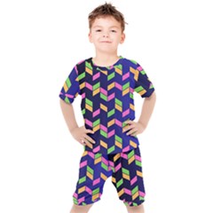 Background Pattern Geometric Pink Yellow Green Kids  T-shirt And Shorts Set by Maspions