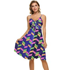 Background Pattern Geometric Pink Yellow Green Sleeveless Tie Front Chiffon Dress by Maspions