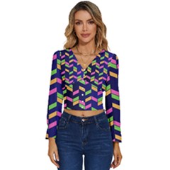 Background Pattern Geometric Pink Yellow Green Long Sleeve V-neck Top by Maspions