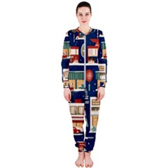 Cars Snow City Landscape Vintage Old Time Retro Pattern Onepiece Jumpsuit (ladies) by Maspions