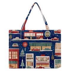 Cars Snow City Landscape Vintage Old Time Retro Pattern Zipper Medium Tote Bag by Maspions