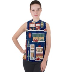 Cars Snow City Landscape Vintage Old Time Retro Pattern Mock Neck Chiffon Sleeveless Top