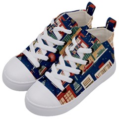 Cars Snow City Landscape Vintage Old Time Retro Pattern Kids  Mid-top Canvas Sneakers