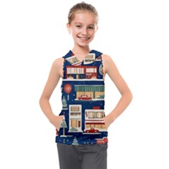 Cars Snow City Landscape Vintage Old Time Retro Pattern Kids  Sleeveless Hoodie by Maspions