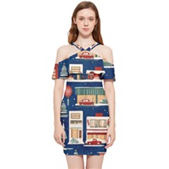 Cars Snow City Landscape Vintage Old Time Retro Pattern Shoulder Frill Bodycon Summer Dress by Maspions