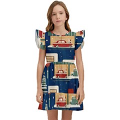 Cars Snow City Landscape Vintage Old Time Retro Pattern Kids  Winged Sleeve Dress by Maspions