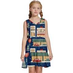 Cars Snow City Landscape Vintage Old Time Retro Pattern Kids  Sleeveless Tiered Mini Dress