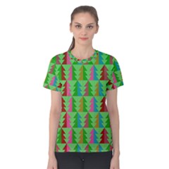 Trees Pattern Retro Pink Red Yellow Holidays Advent Christmas Women s Cotton T-shirt