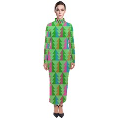 Trees Pattern Retro Pink Red Yellow Holidays Advent Christmas Turtleneck Maxi Dress